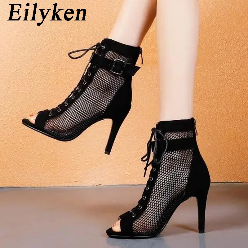 

Eilyken 2023 New Fashion Autumn Black Boots Sandals Lace Up Cross-tied Peep Toe High Heel Ankle Strap Hollow Out Zipper Shoes
