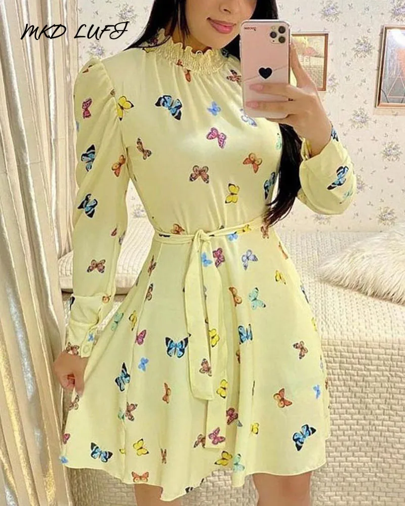 

MKDLUFI Puff Sleeve Shirred Detail Butterfly Print Dress Women Lace Up Waist Casual Midi Dress