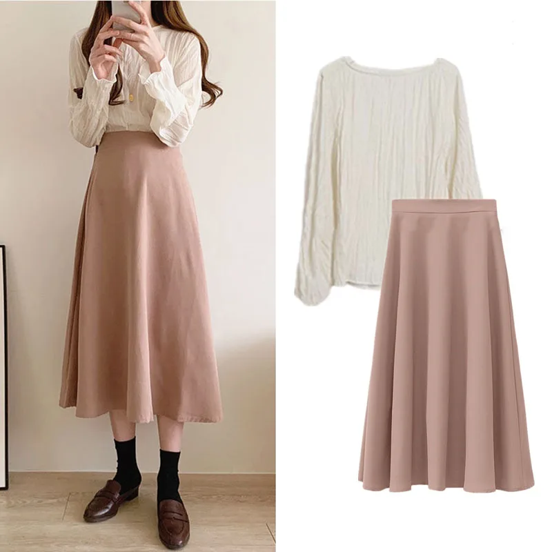 

Женское платье с завышенной талией RosEvans, корейское платье из двух частей, тонкая юбка-трапеция средней длины, тонкая рубашка с гофрированны...