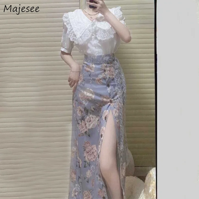 

Women Sets Simple Floral New Design Side Slit Popular Elegant Korean Style Printing Lace Streetwear Gentle College Fashion Ins