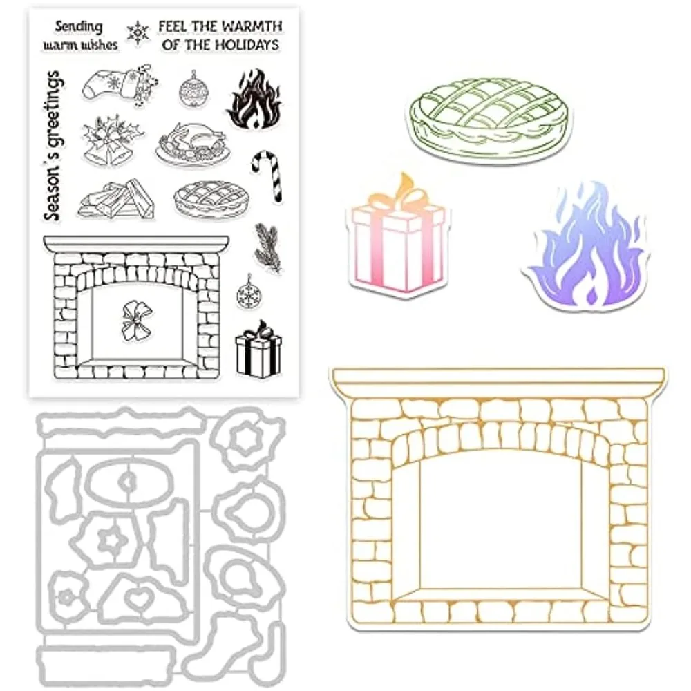 

Christmas Fireplace Cutting Dies and Silicone Clear Stamps Set with Christmas Socks Bells Gifts for Card Making DIY Scrapbooking