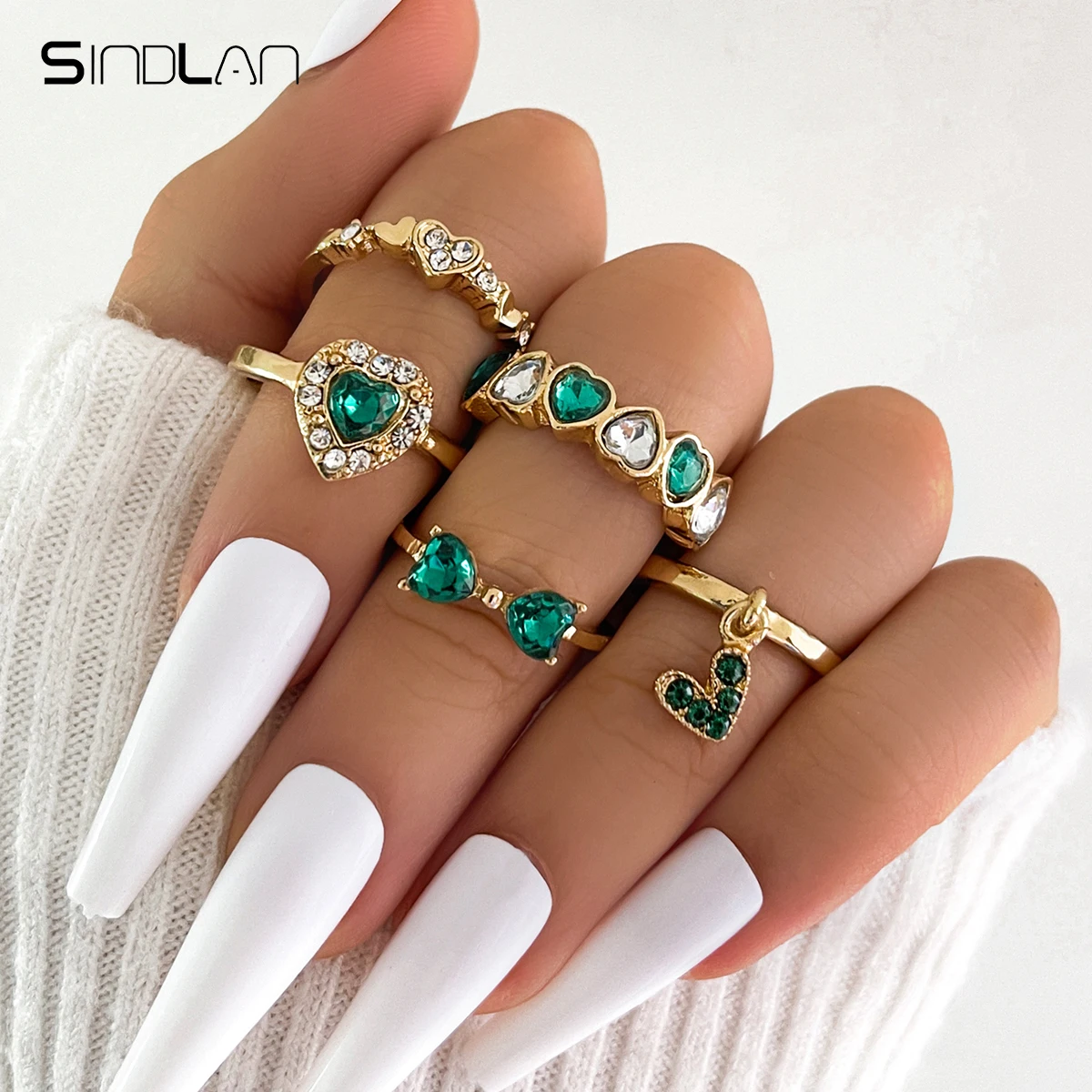 

Sindlan 5Pcs Charms Green Crystal Heart Rings for Women Vintage Drop Rhinestone Set Y2k Female Luxurious Jewelry Bague Anillos
