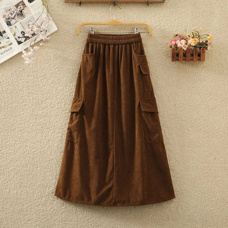 

OHRYIYIE коричневая модная вельветовая юбка с карманом, женская осенне-зимняя миди длинная эластичная бархатная юбка трапециевидной формы с высокой талией, женская