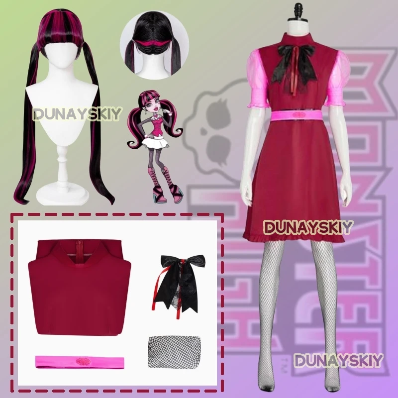 Draculaura Cosplay Anime Movie Monster Dress High Girl Costume Wig Pink Black Halloween Women Fancy Roleplay Outfit