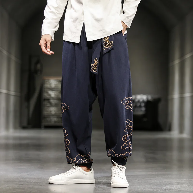 Men Casual Sleep Bloomers Chinese Style Cotton Home Pants Spring Autumn Print New Hanfu Trousers Pajamas Pant Oversize 5XL