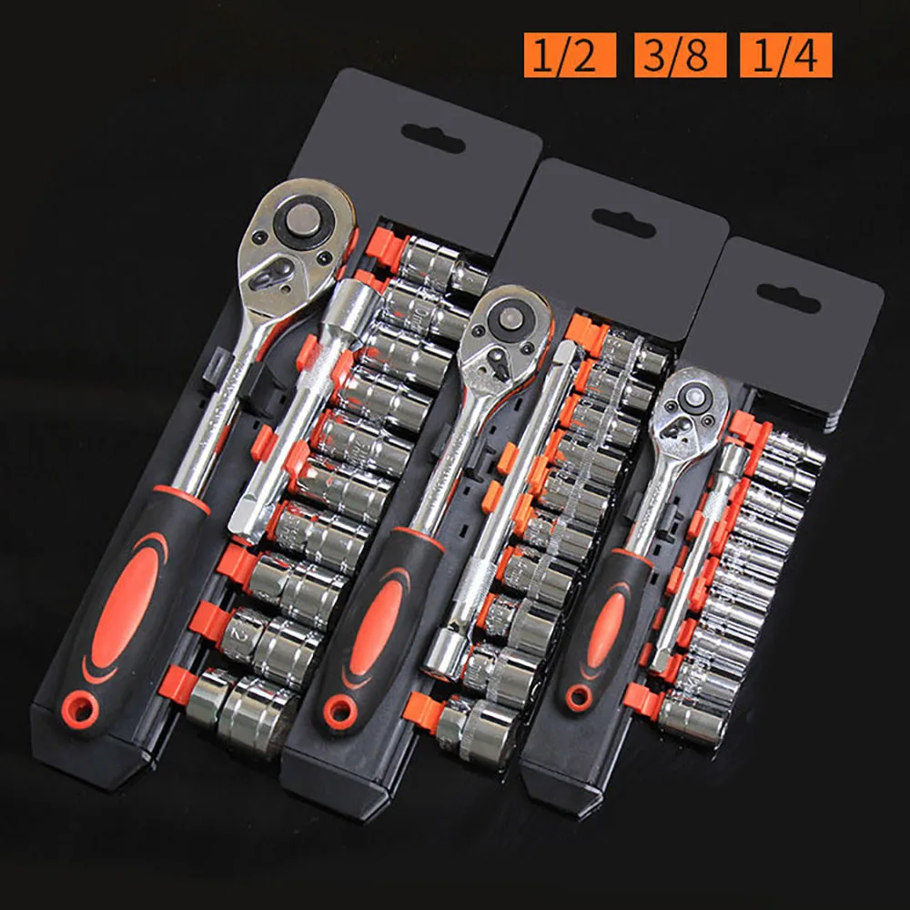 

Crv Quick Release Reversible Ratchet Socket Wrench Kit with Hanger 1/4" 3/8" 1/2" Drive 12Pcs Tool Boxes Multi-function Spanner