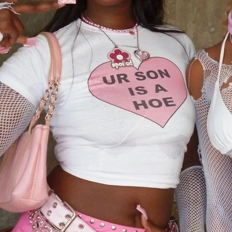 

Y2K Crop Top Sexy Girls T Shirt Grunge Harajuku Aesthetic Heart Letter Print T-shirts Summer Baby Tees Women Short Sleeve Tshirt