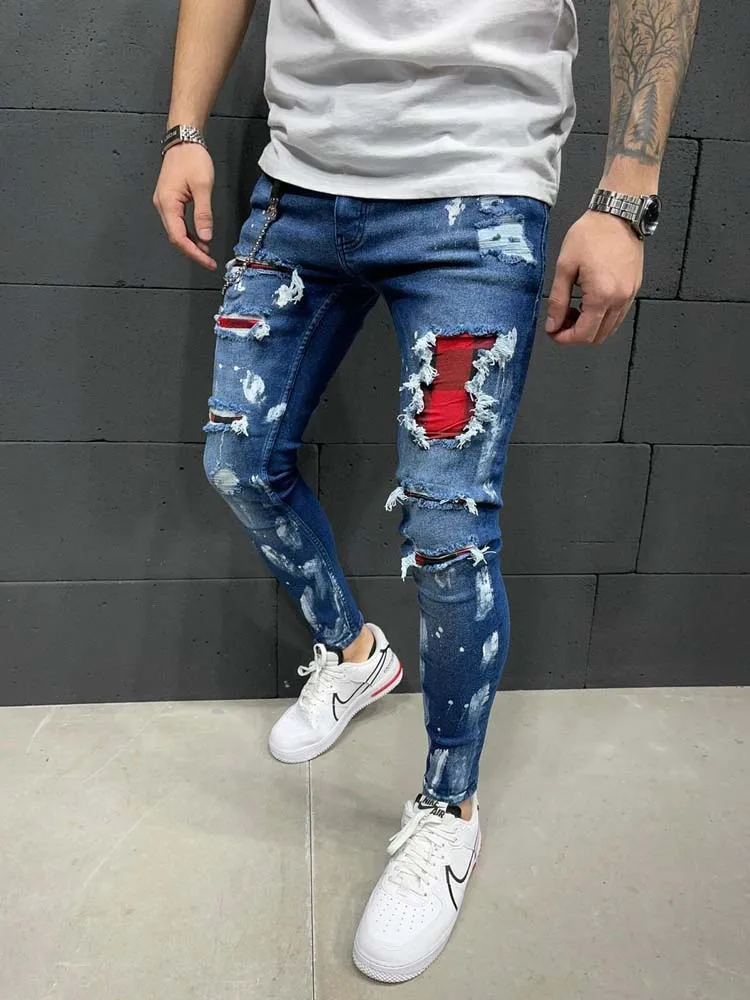 2022 Men's Ripped Skinny Jeans Patchwork Grid Stretch Casual Denim Pencil Pants Man Fashion Painting Jogging Trousers