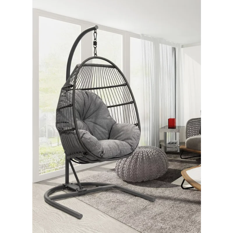 

Outdoor Patio Hanging Egg Chair with Olefin Cushion and Metal Stand, Gray