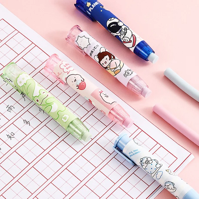 

1 Set Kawaii Stationery Retractable Press Eraser Pencil Rubber Soft Refill Core For Kids Art Writing Pen Office Supplies