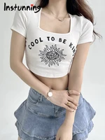 instunning short sleeve sexy white t shirt women square collar slim bodycon letter print crop top streetwear fashion casual tees