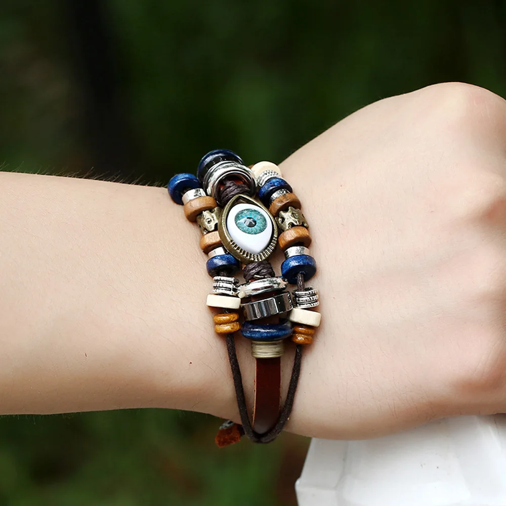 

Blue Eye 7 Colors Strand Adjustable 190 Real Genuine Leather Bangle Bracelet Charm Jewelry Women Men 20.5cm