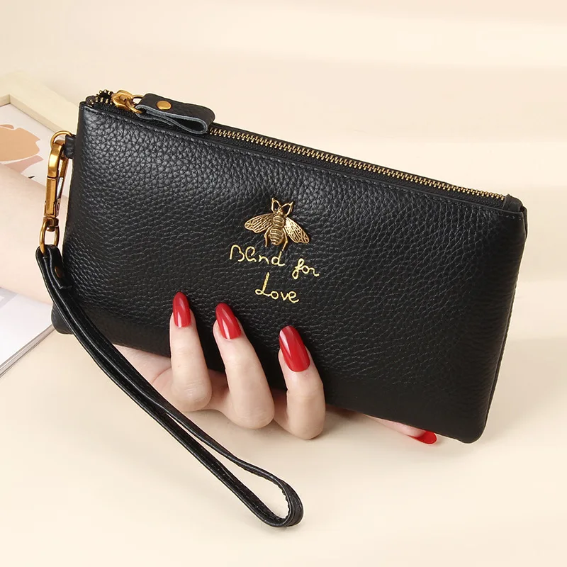 Leather Women Clutch Wallets Bee Zipper Purse Long Coin Purses Cell Phone Pocket Female Wristband Card Wallet Ladies Money Bag