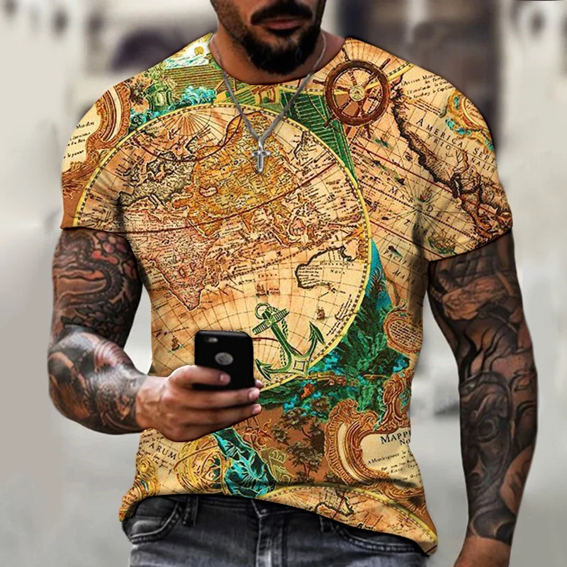 

Men Custom Map 3d Print Short Sleeve Summer Trend in Europe and United States New Men Around Neck One Hundred T-shirt