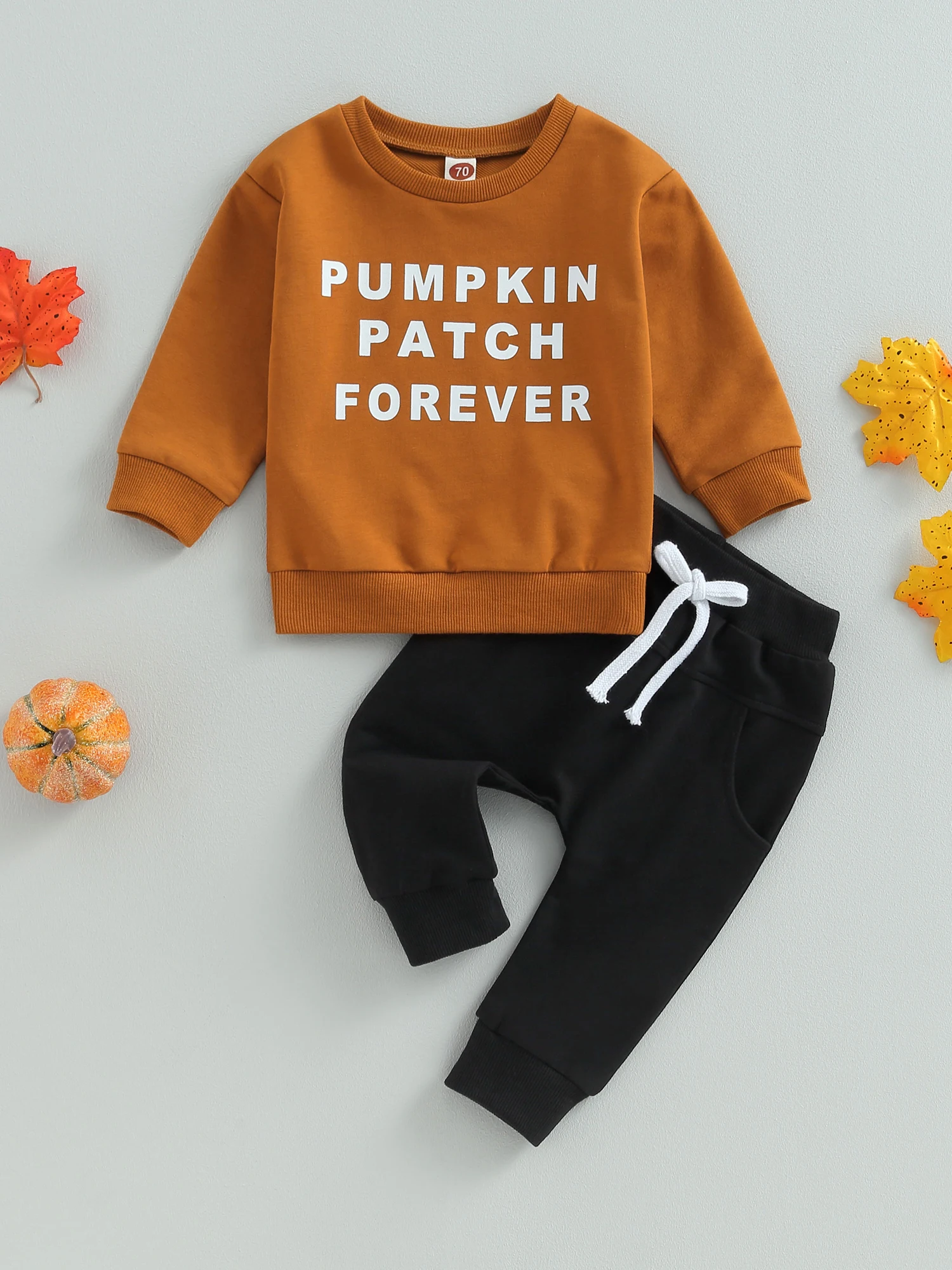 

Toddler Baby Boy Halloween Outfit Pumpkin Crewneck Sweatshirt Oversized Sweater Long Pants 2Pcs Fall Clothes (Brown Black