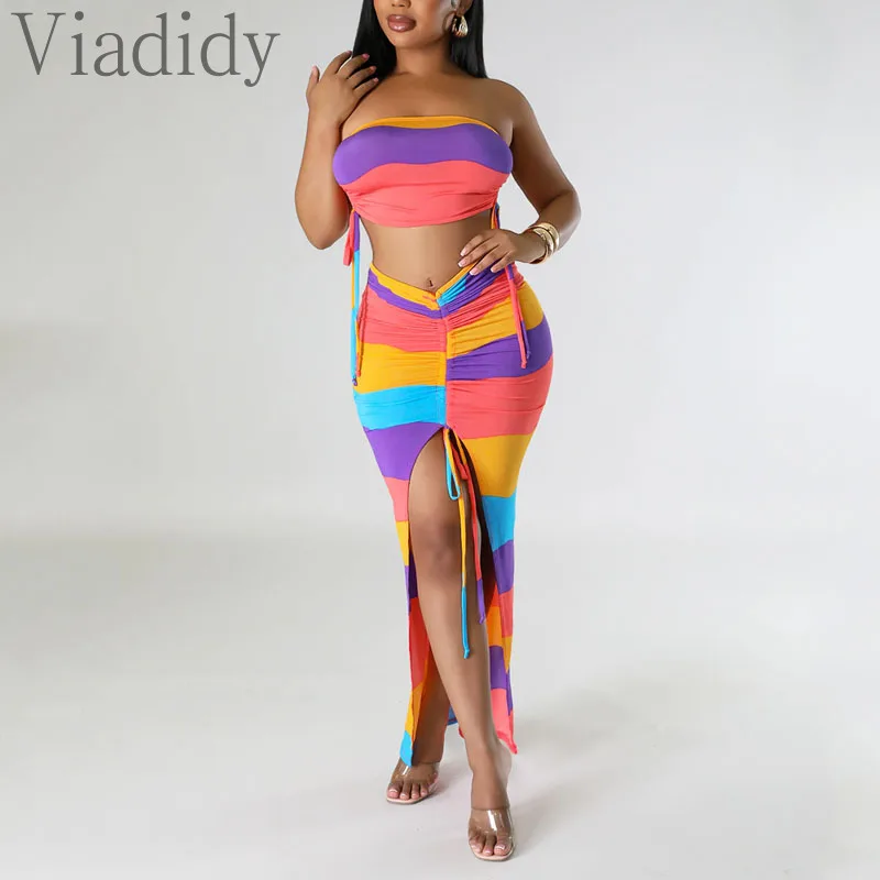 Женский Повседневный сексуальный топ-бандо в полоску и Асимметричная Макси-юбка