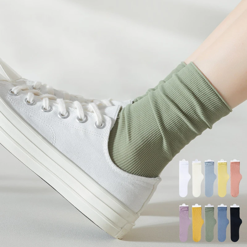 4Pairs/set Women Colorful Loose No Pilling Socks Knitting Rib Thin Spring Summer Female Socks High Tube Streetwear Soft Sock
