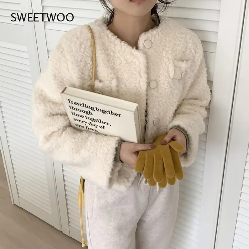 O-Neck Button Short Fake Fur Jacket Long Sleeve Casual Retro Coat Winter New South Korean Ins Single Breasted Fresh Simple Short