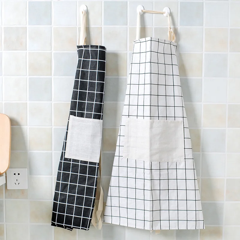 

Plaid Cotton linen blended apron kitchen household cooking apron adult sleeveless pocket apron