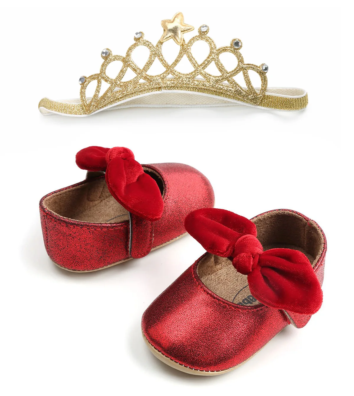 

Baby Girls Shoes Sets PU Leather Toddler Baby Infant First Walkers Sets Headband Bow-knot Soft Sole with Crown Headband