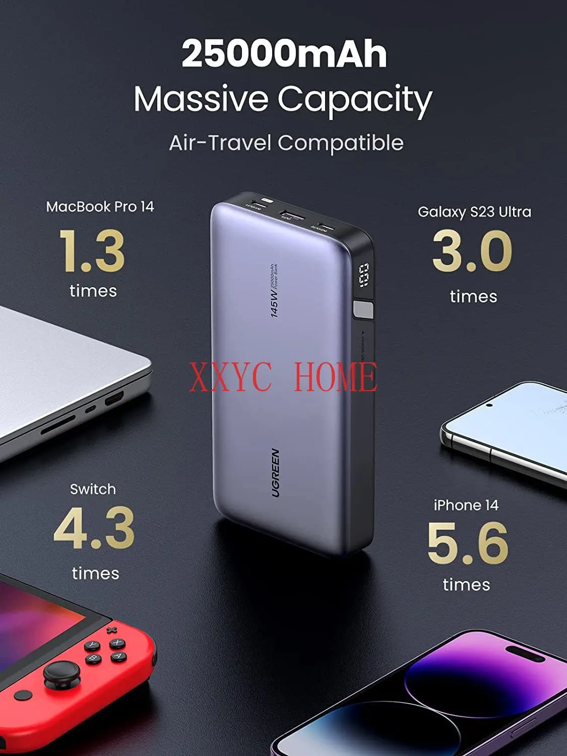 Внешний аккумулятор с 3 USB-портами, 25000 мАч, 65 Вт