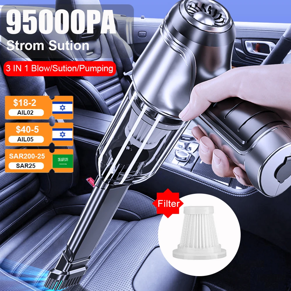 Car Vacuum Cleaner 95000PA Strong Suction Wireless Portable Vacuum Cleaner Dual Use Mini Handheld Cleaning For Car Home Desktop