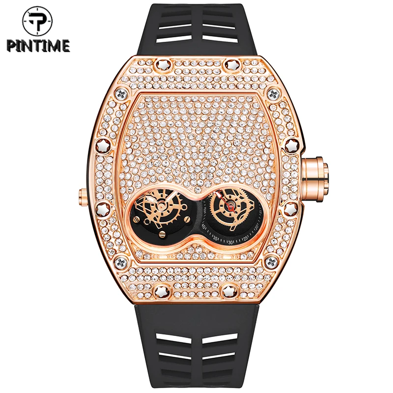 

Оригинальные Роскошные полностью алмазные часы PINTIME со сверкающим циферблатом, блестящие мужские кварцевые наручные часы с силиконовым ре...