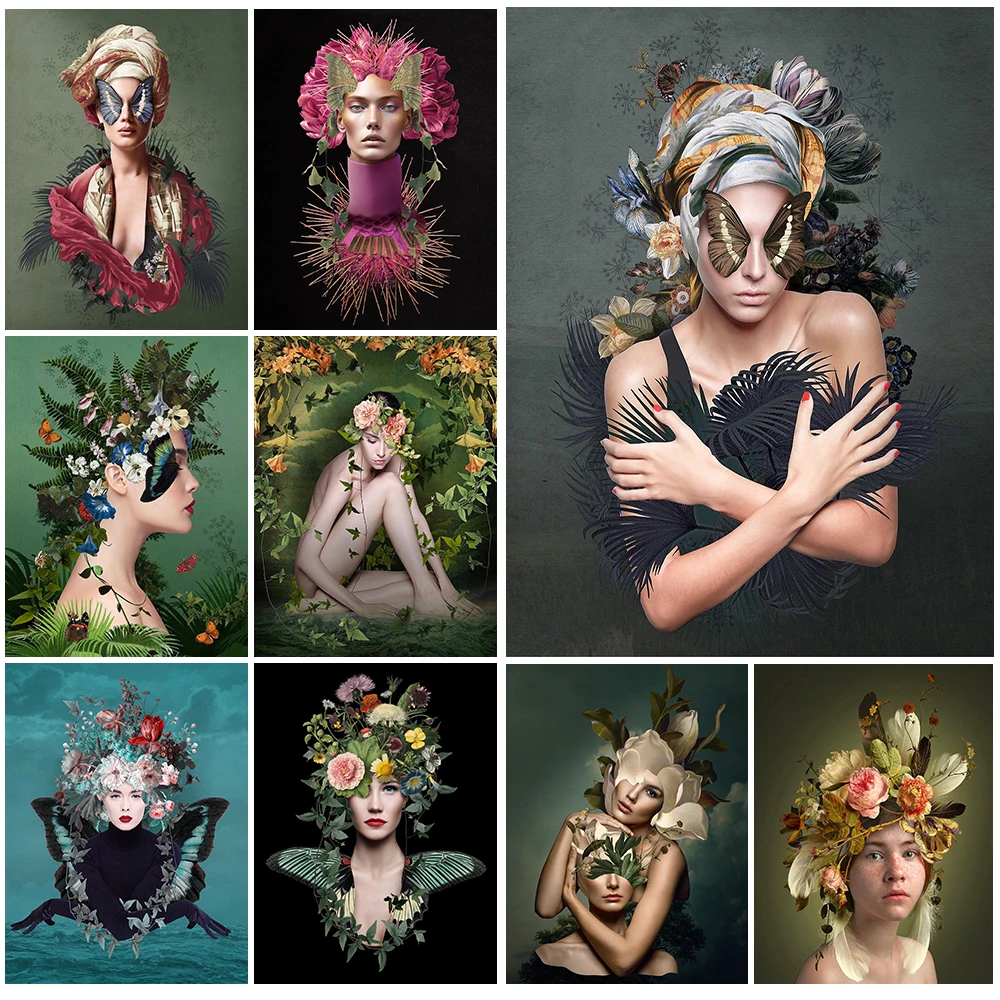 

Butterfly Sexy Woman Flower Girls Portrait Posters Wall Art Canvas Painting Home Decor Wall Pictures For Living Room Unframed