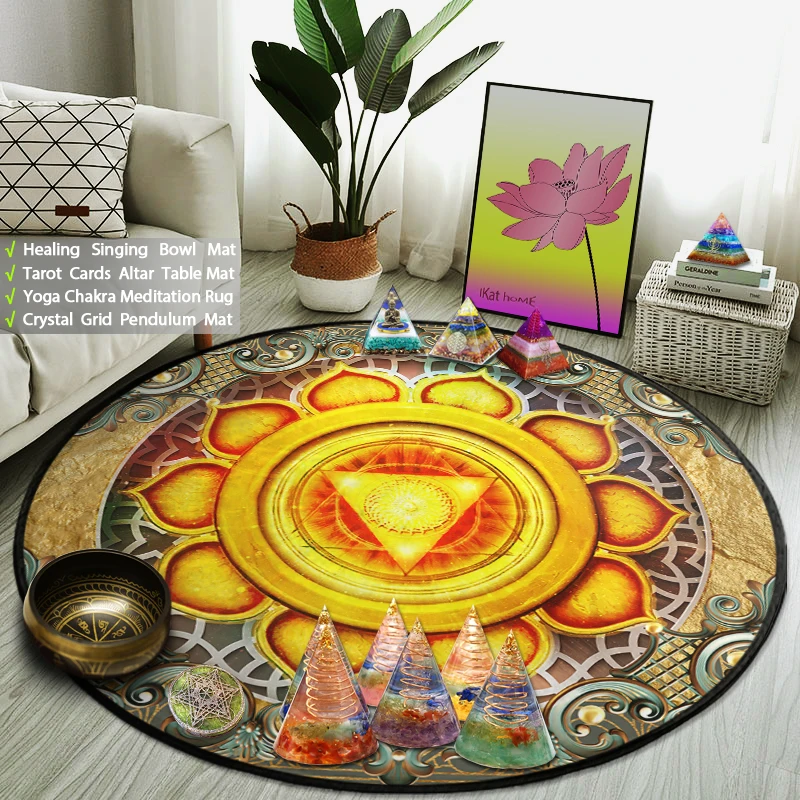 

Crystal Healing Pendulum Singing Bowl Round Rug Yoga Buddhist Meditation Mat Vintage Lotus Hexagram Carpet Altar Tarot Card Pads