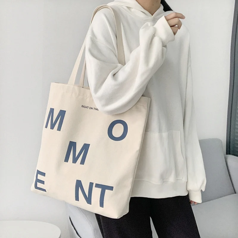 

Холщовая сумка-шоппер на плечо для женщин, большая корейская хлопковая тканевая Экологически чистая многоразовая дамская сумочка для покупок с надписью