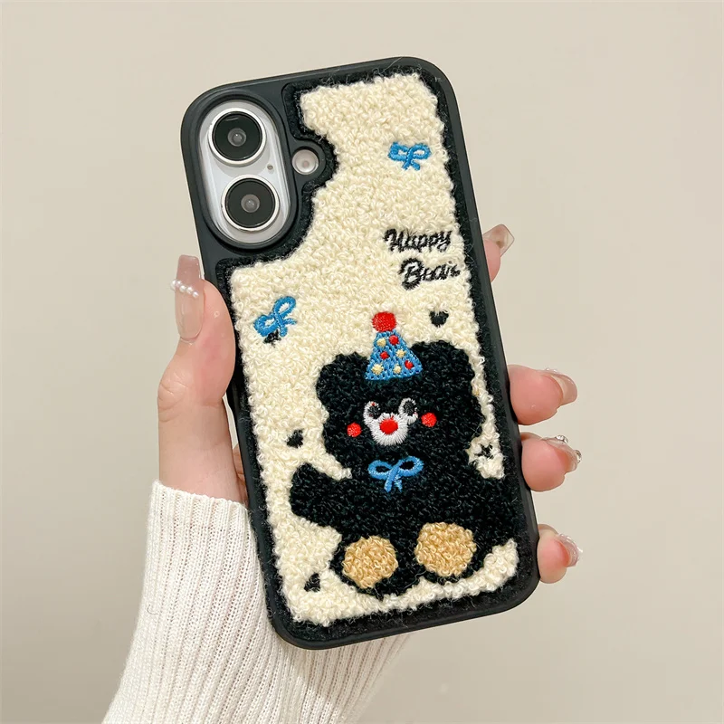 Ins корейский милый плюшевый чехол для телефона с вышивкой медведя iPhone 14 Pro 16 13 15 Max