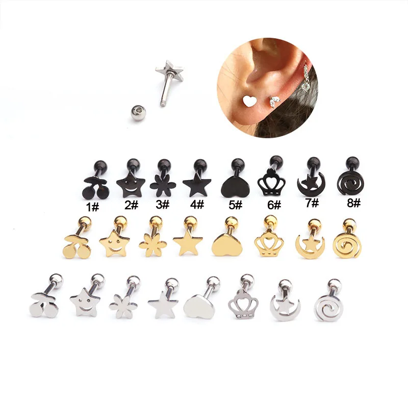 

316L Stainless Steel Wire Cut Earbone Stud Black Crown Screw Earrings Ear Piercing Helix Cartilage Tragus Body Piercing Jewelry