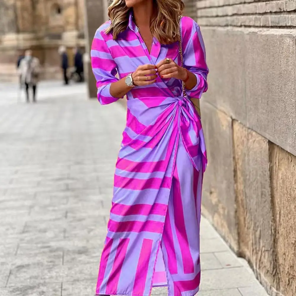 

2022 Fashion Lapel Long Sleeve Draped Maxi Dress Striped Print Lace-up Women Shirt Dress Ladies Clothing for Daily Wear