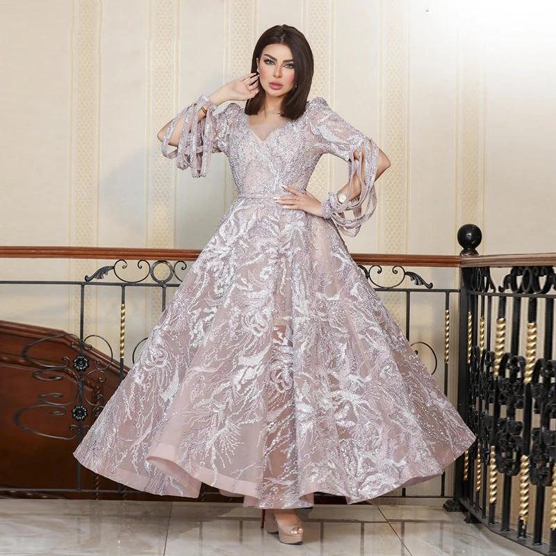 

Arabic Pink Long Sleeve Evening Dresses for Women Elegant Dubai Wedding Party Night Dress Vintage Prom Formal Gowns Sharon Said