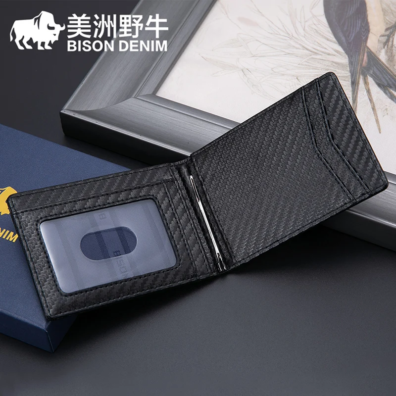 Мужской тонкий кошелек BISON DENIM двойной зажим для денег из углеродного волокна с