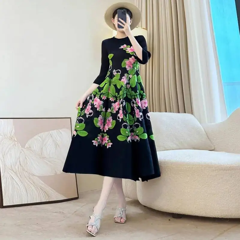 LANMREM المشمش شيك الطباعة المرأة مطوي فستان الخريف موضة جديدة الياقة المستديرة ثلاثة أرباع كم ألف خط فساتين 2DB4570