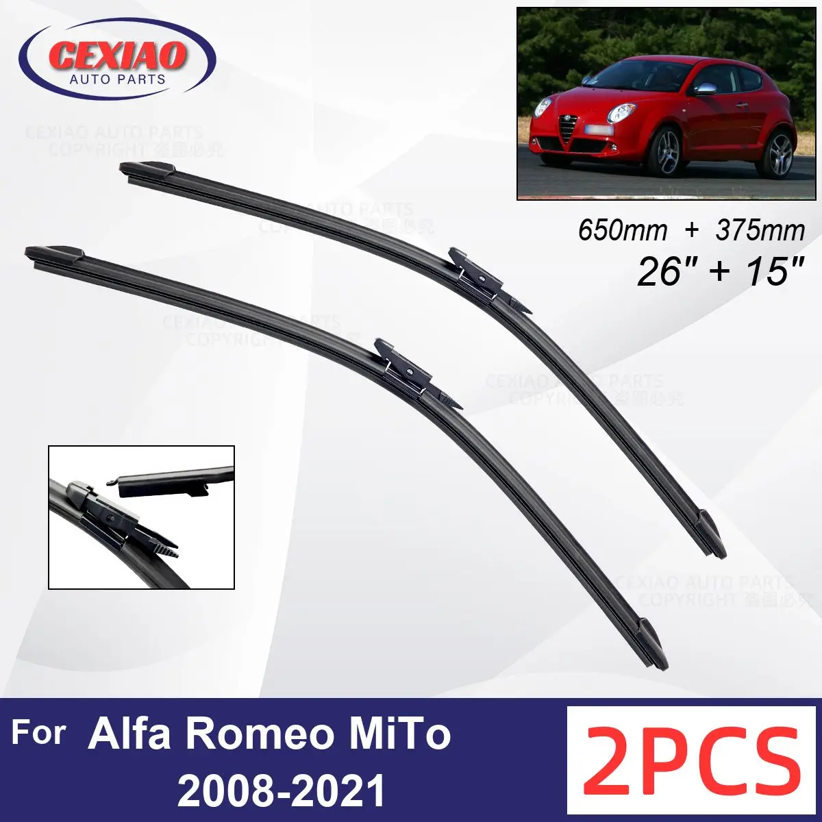 

Car Wiper For Alfa Romeo MiTo 2008-2021 Front Wiper Blades Soft Rubber Windscreen Wipers Auto Windshield 26" 15" 650mm 375mm