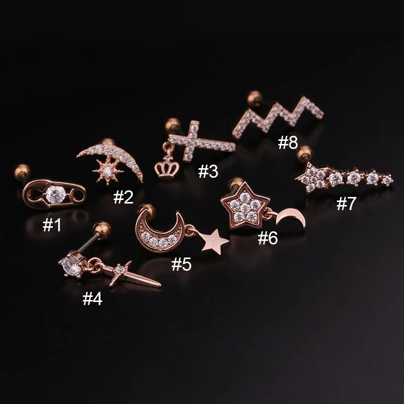 Серьги-гвоздики с фианитом для пирсинга корейский стиль Луна КРОО звезда Козелок