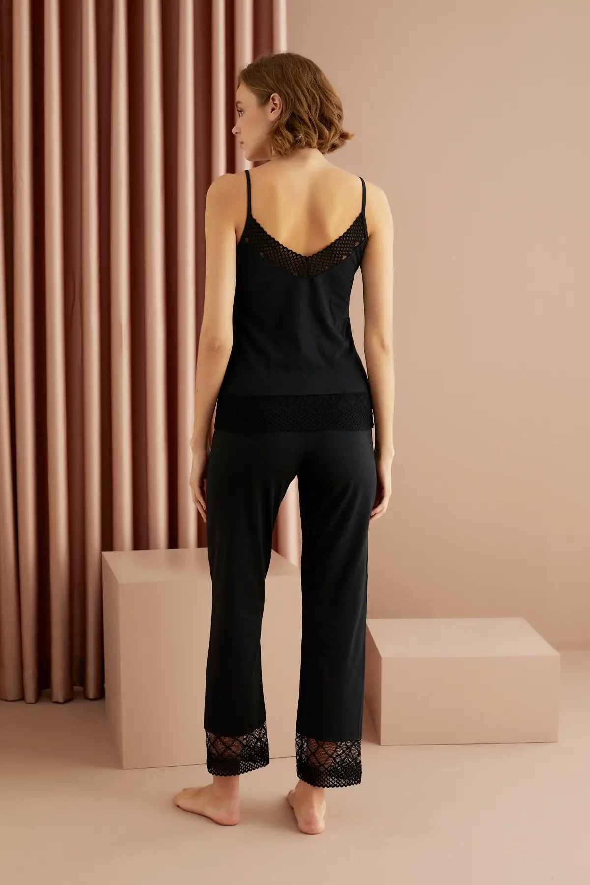 2022 Hot Women Black Cotton Rope Strap Lace Pajamas Set Nightgown Female Sleep Lycra Two Piece Comfortable Stylish Design Gift