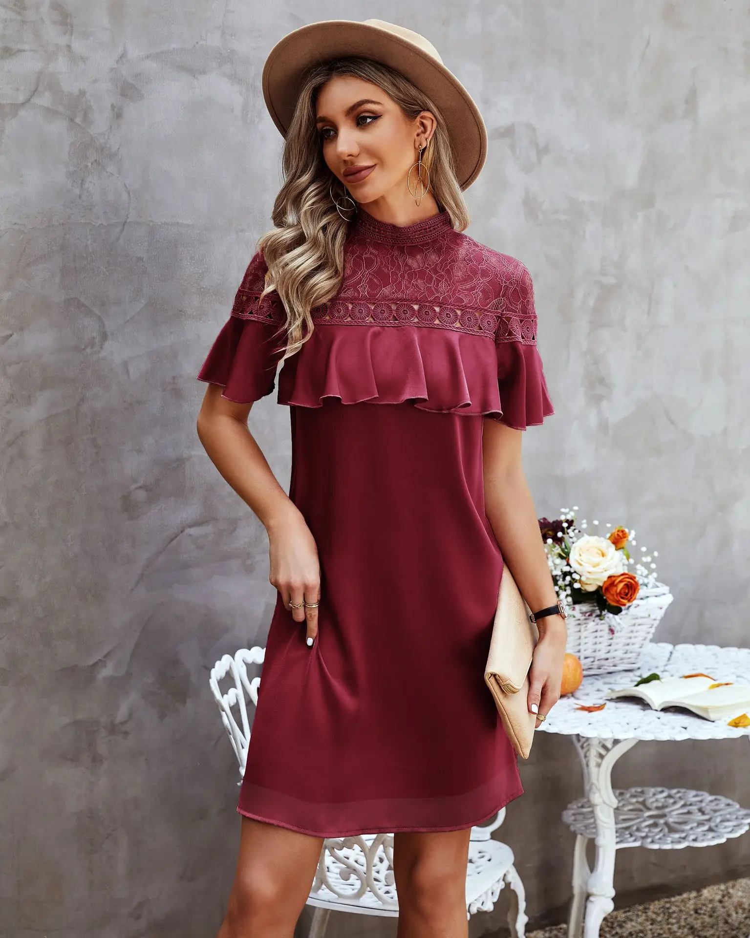 

Summer Fashion Lace Stitching Solid Color Flounces Short Sleeve Dress For Lady Sundress Mini Wear