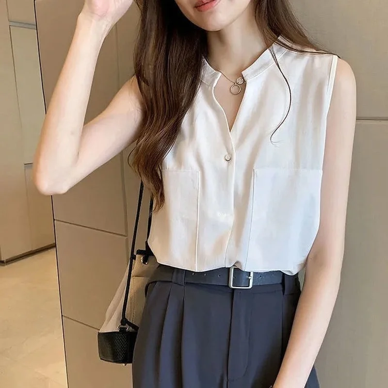

Solid White Black Vest Sleeveless Blouses Women Summer All-match Top Button Up Shirts Korean Office Outside Loose Chiffon Shirt
