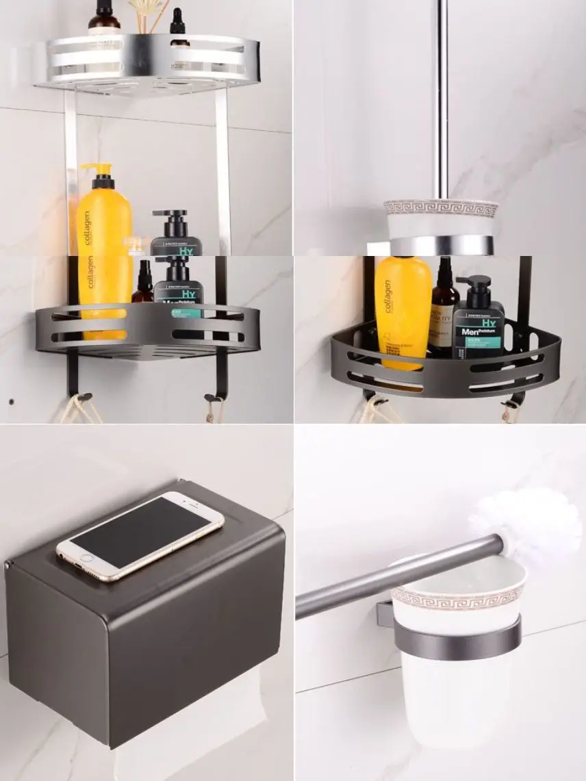 Bathroom storage rack perforation-free space aluminum toilet towel three layers of bath room bathroom wall to receive multi |