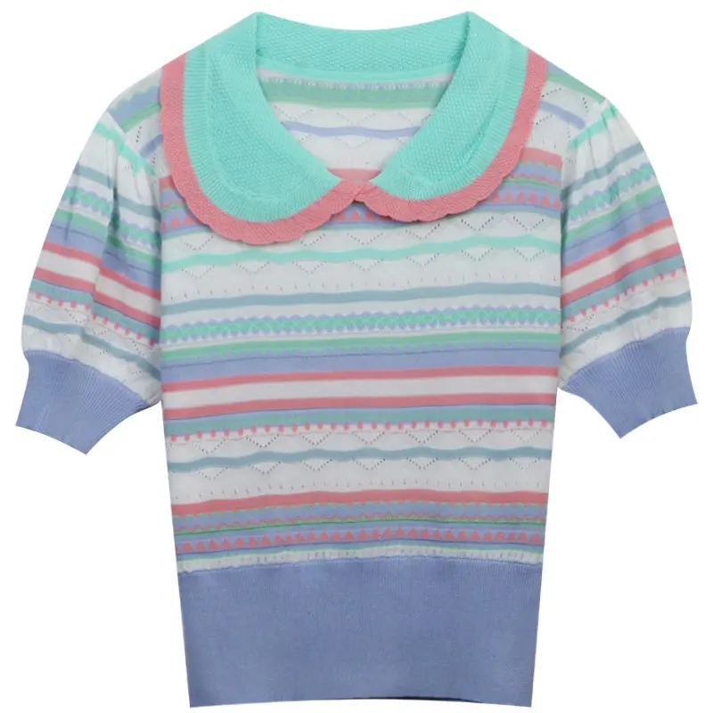 

Милый облегающий свитер с кукольным воротником контрастных цветов в полоску для девушек во французском стиле Eleagnt, топ, новинка весны 2023, женская футболка