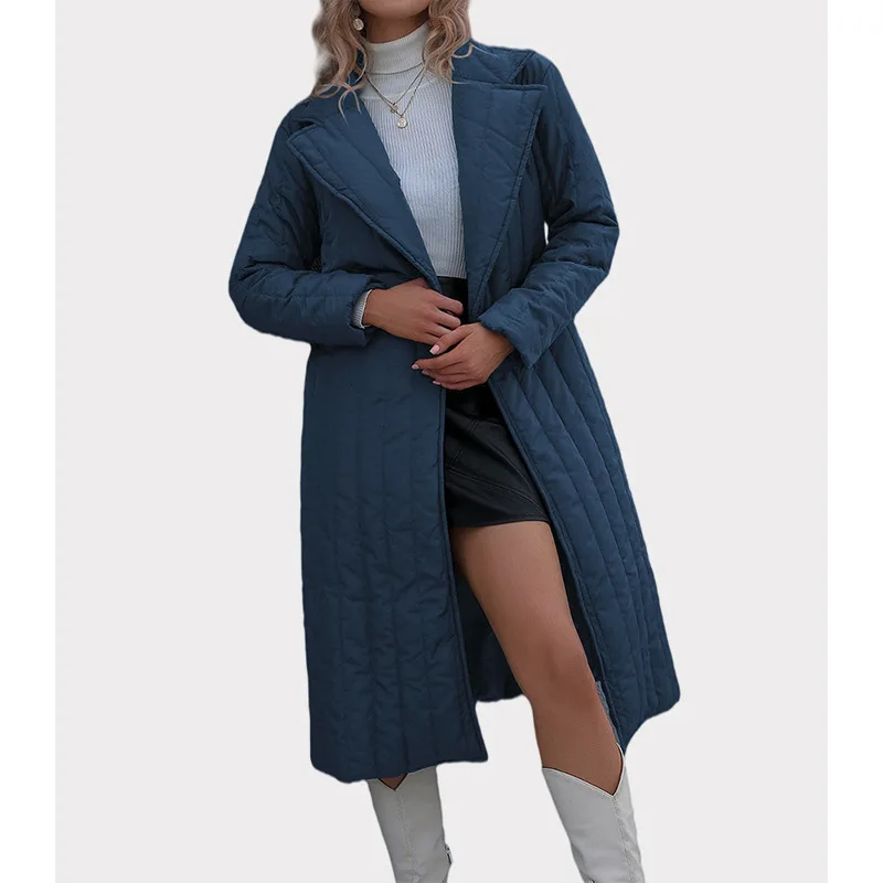 New slim and slim long cotton-padded clothes with solid color temperament Belt lapel thick warm polyester fiber women's coat