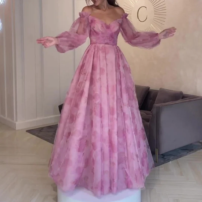 

New Autumn Sweet Flower Print Wedding Dress Ladies V-neck Princess Sleeve Mesh Dress Sexy Off Shoulder Waist Pleats Long Dresses