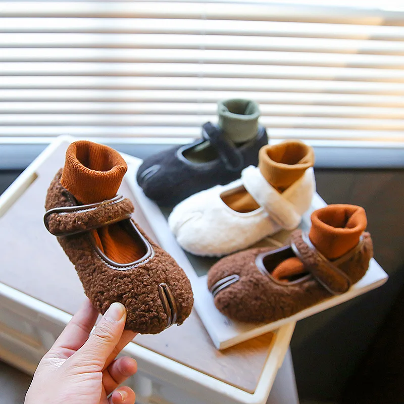 

Girl's Loafers Furry Designer Leisure Cotton-padded Shoes Winter Children Flats Hook-loop Stylish Warm Daily Classic Kids Shoes