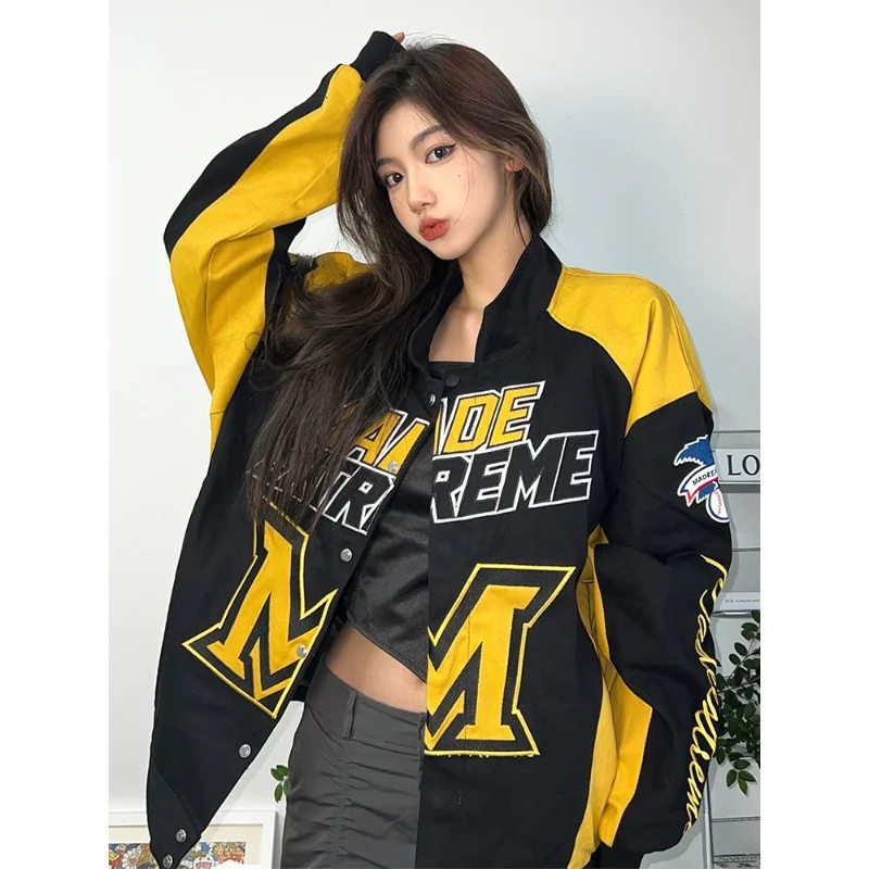 

American National Tide Contrast Splicing Letter Motorcycle Women Jacket Coat Y2K Spring Street Retro Loose Baseball Uniform Coat