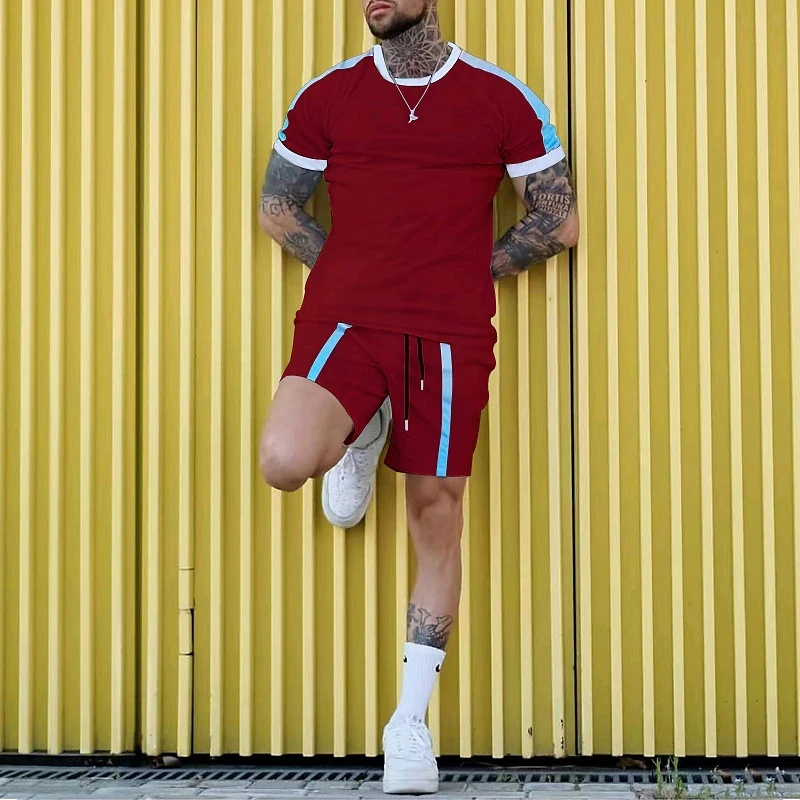 Men Clothes T-shirt Suits Plus Size 3D Printed Solid Color Graphic New Fashion Designer Round Neck Ropa Short Sleeve 2 Pcs