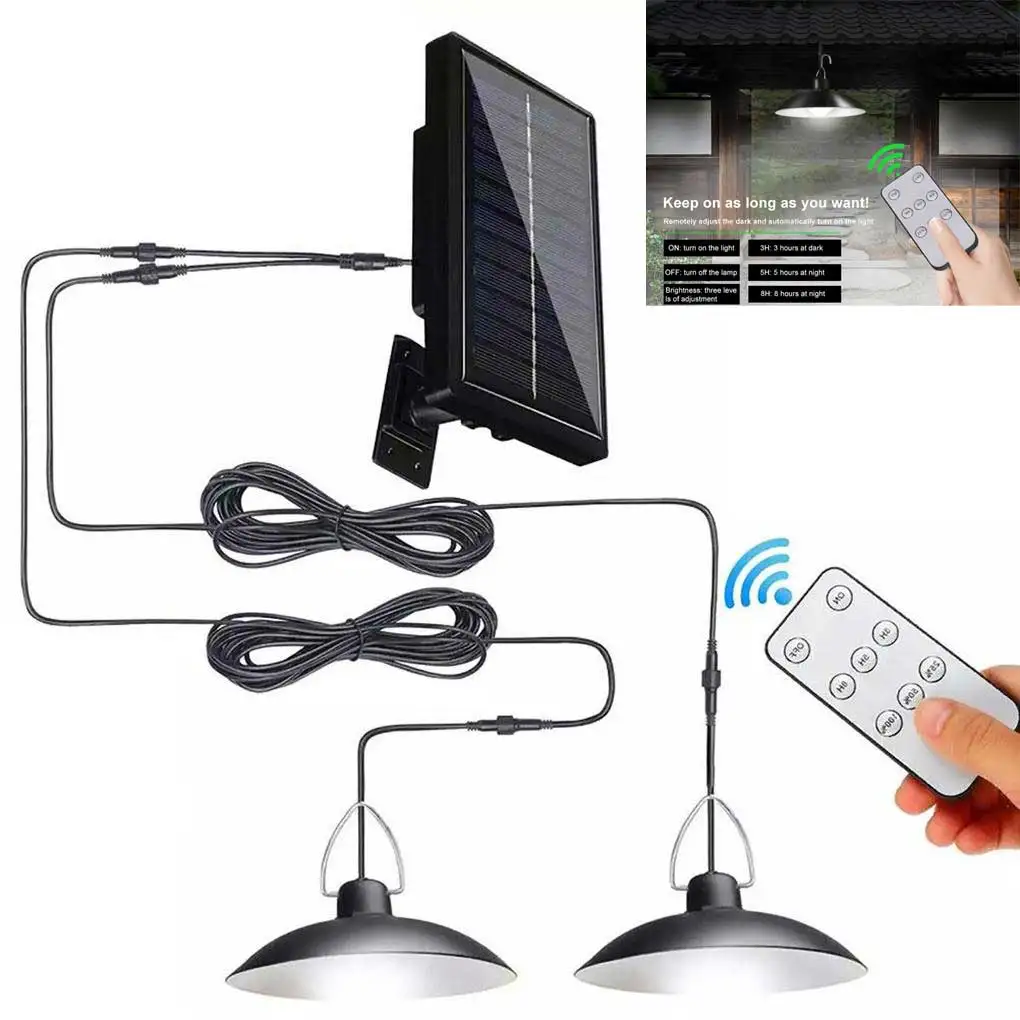 

Solar Pendant Light Outdoor Waterproof LED Lamp Double-head Chandelier Decorations with Remote Control for Indoor Shed Barn Room