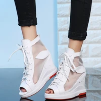 2022 summer wedges pumps women genuine leather high heel gladiator sandals female lace up peep toe fashion sneakers casual shoes
